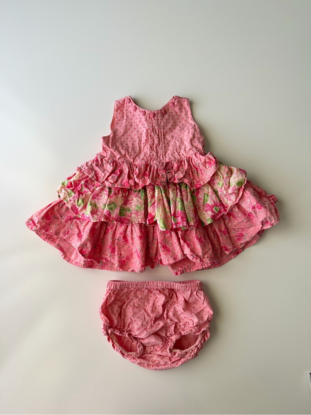 Cornelloki Pink Ruffle Floral Baby Dress with Bloomers